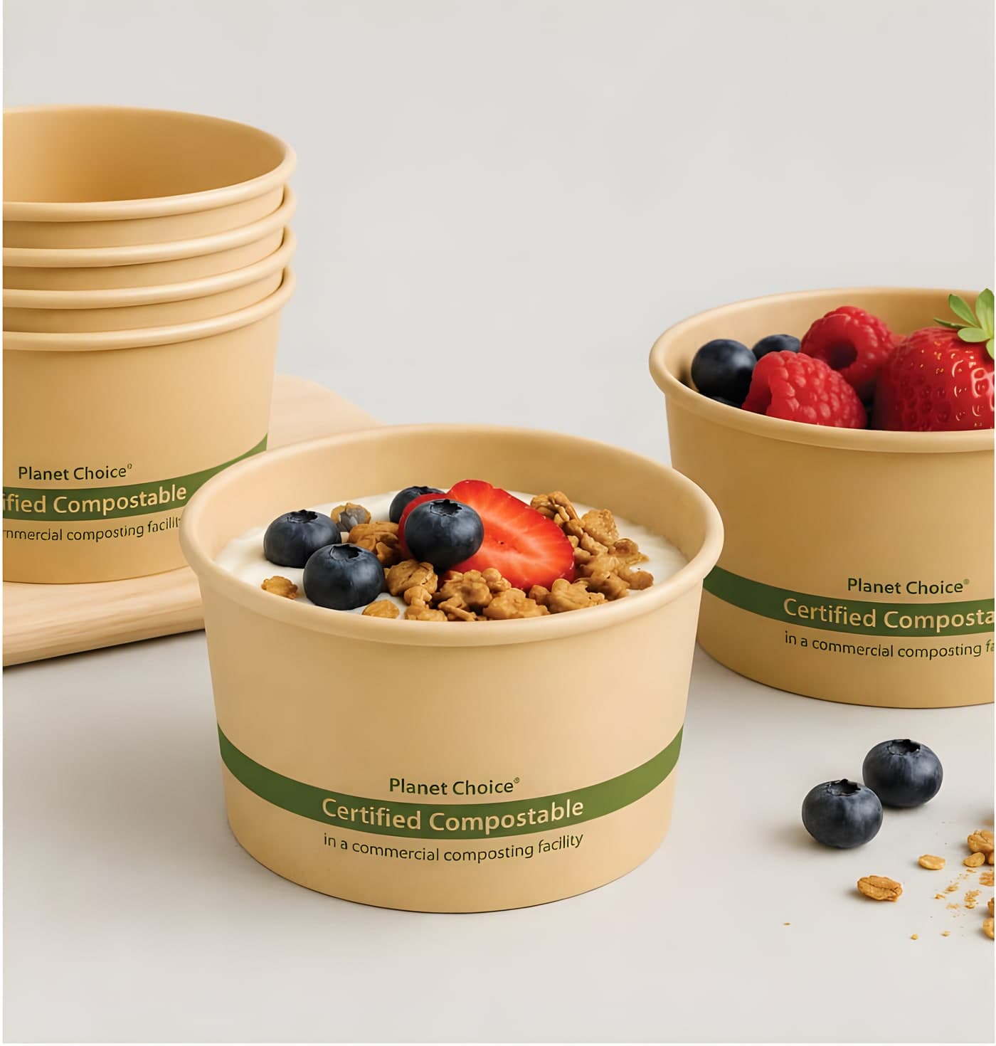Kraft paper food cups printed with a certified compostable brand band