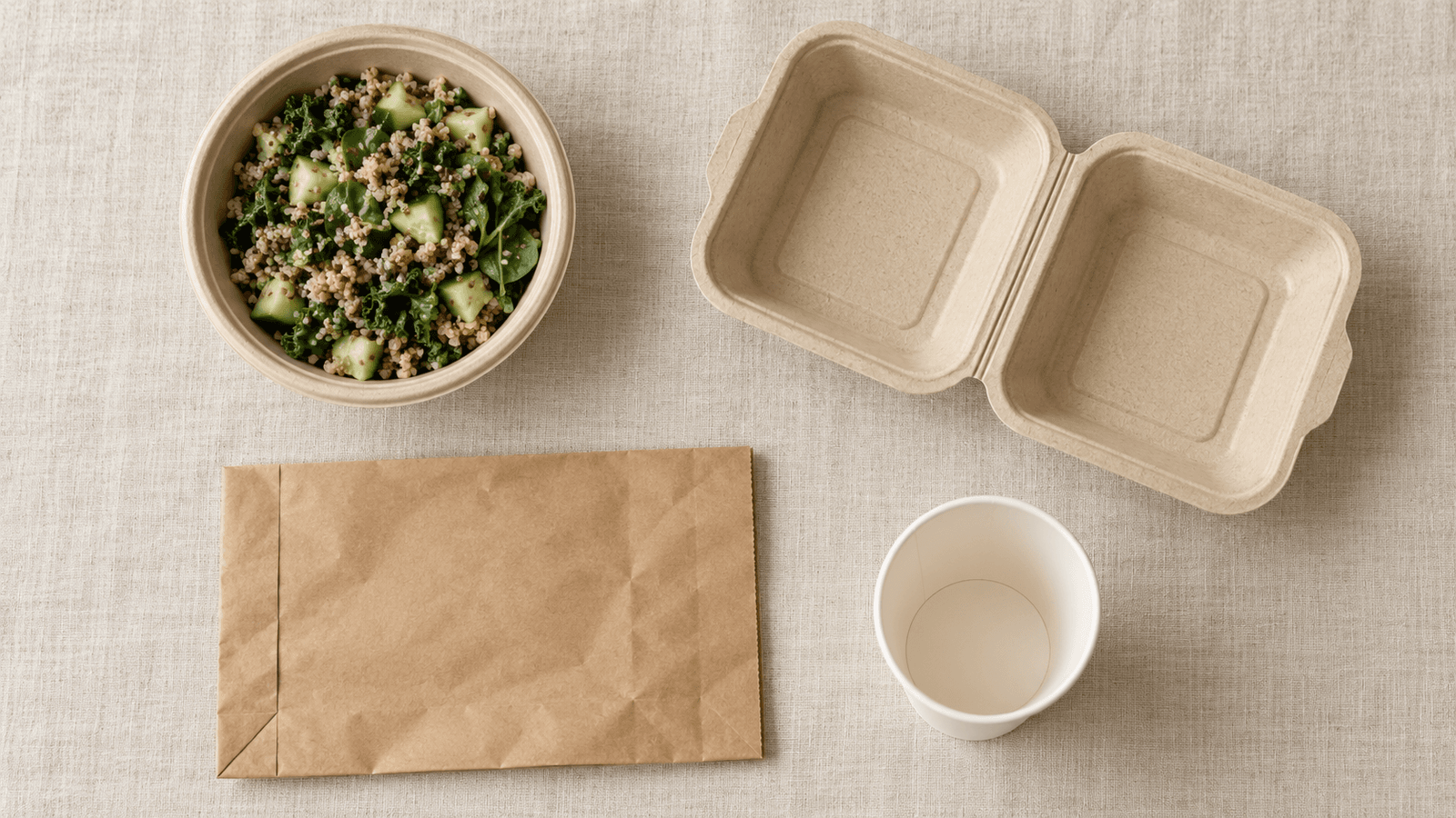 Overhead flat lay of a bagasse fiber bowl, a bagasse hinged clamshell, a kraft paper bag, and a paper hot cup arranged on a cream linen surface, one bowl filled with a grain salad, even soft daylight. Photorealistic, no text, no logos, no labels, no people, no hands. Colors: natural tan fiber, cream and warm white surfaces, muted forest green accents.