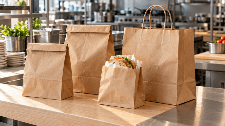 Food safe kraft paper bags wholesale lined up on a restaurant takeout counter