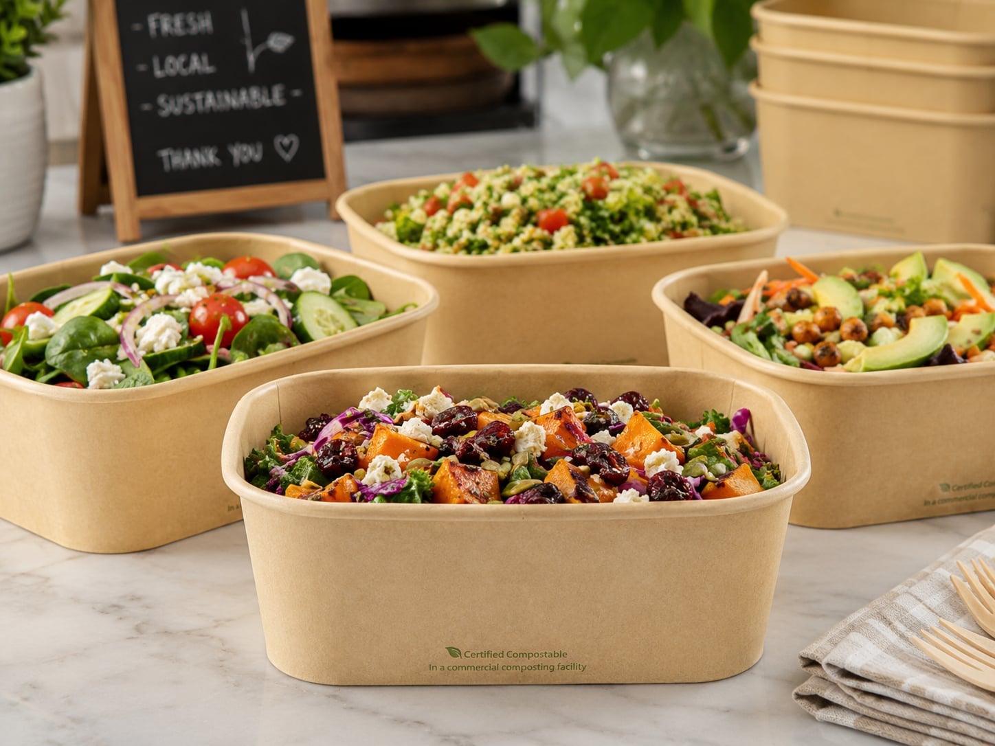 Fresh salads served in certified compostable kraft paper bowls