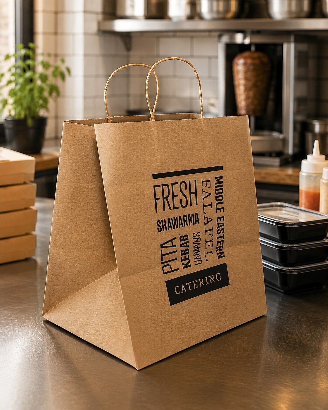 Kraft takeout bag custom printed for a Middle Eastern catering menu, on a restaurant counter