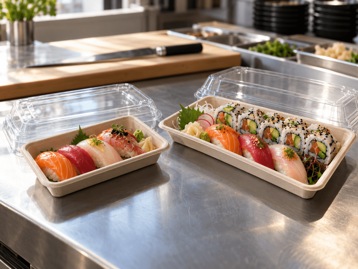 6.6 x 4.7 vs 9.1 x 4.8 sushi tray side by side on a kitchen pass