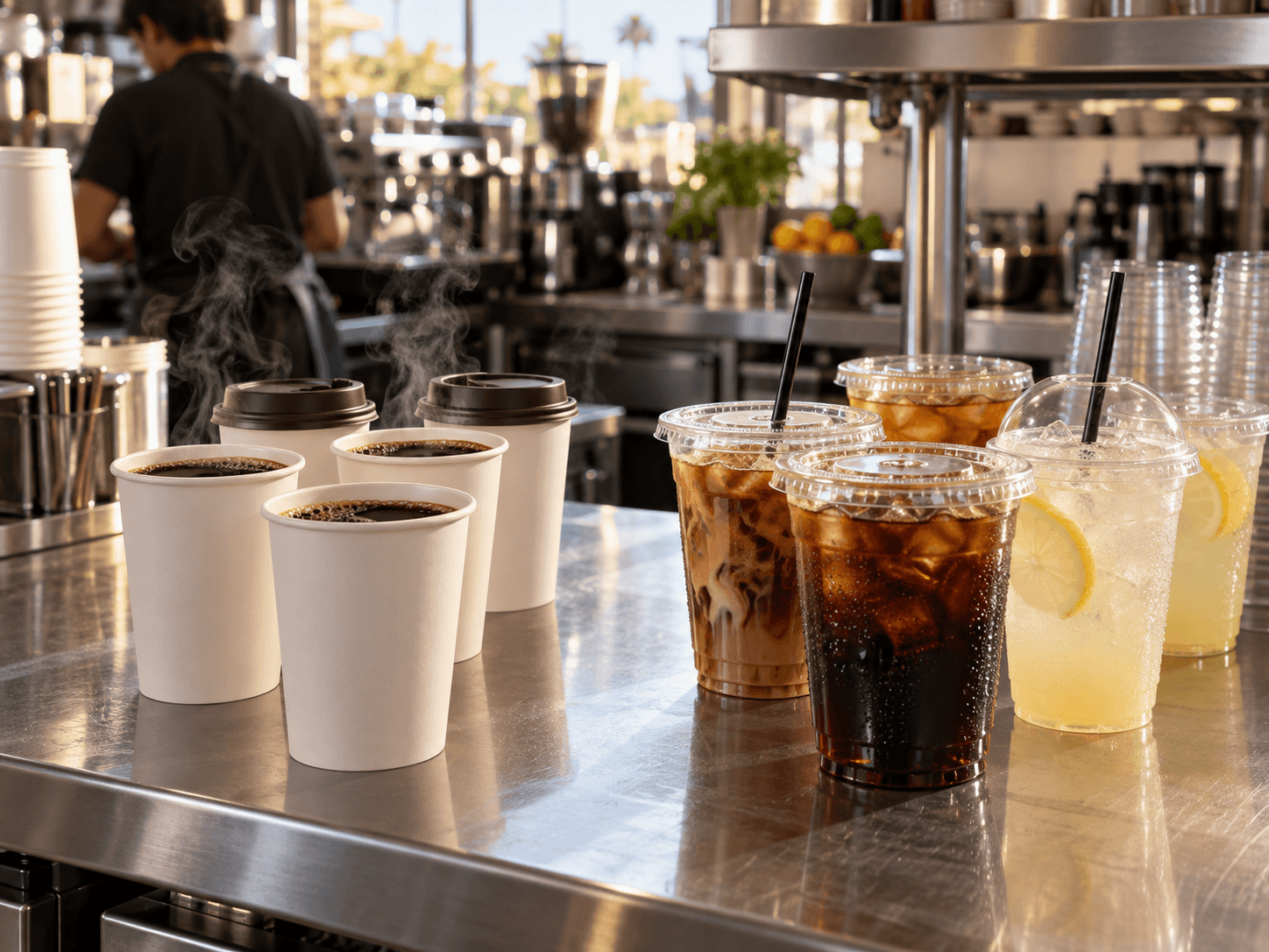 Paper cups vs plastic cups side by side on a cafe pass with hot coffee and iced drinks