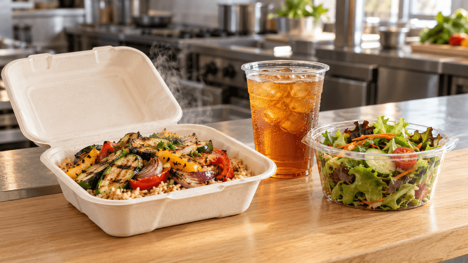 Bagasse clamshell with a hot meal next to a clear PLA cold cup and salad container