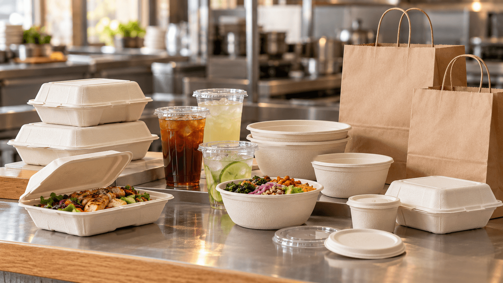 Compostable packaging set with bagasse clamshells, fiber bowls, PLA cups, and kraft bags on a restaurant pass