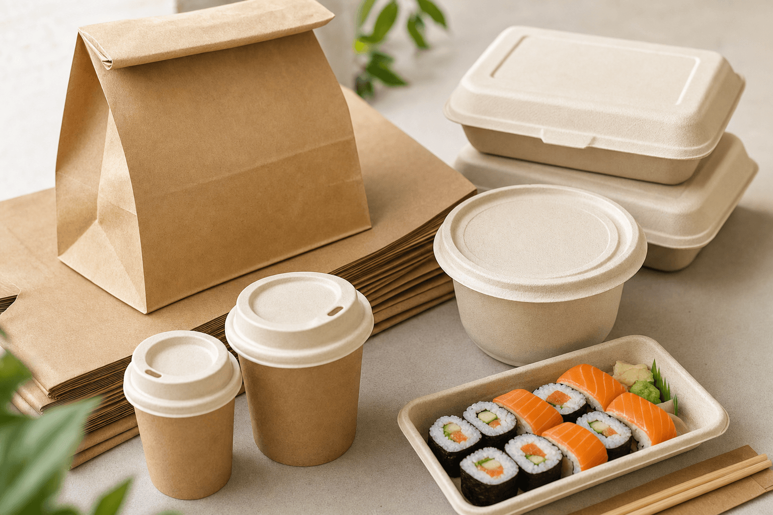 Flat-lay of compostable foodservice packaging: paper bag, fiber bowl, paper hot cups, and a sushi tray