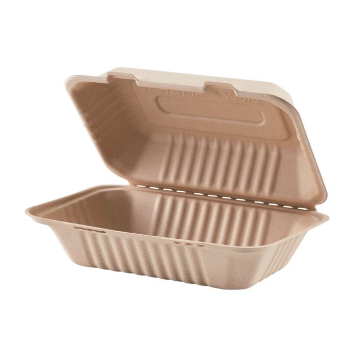 9x6-1 compartment Hoagie-Kraft, bagasse hinged container, 250/case